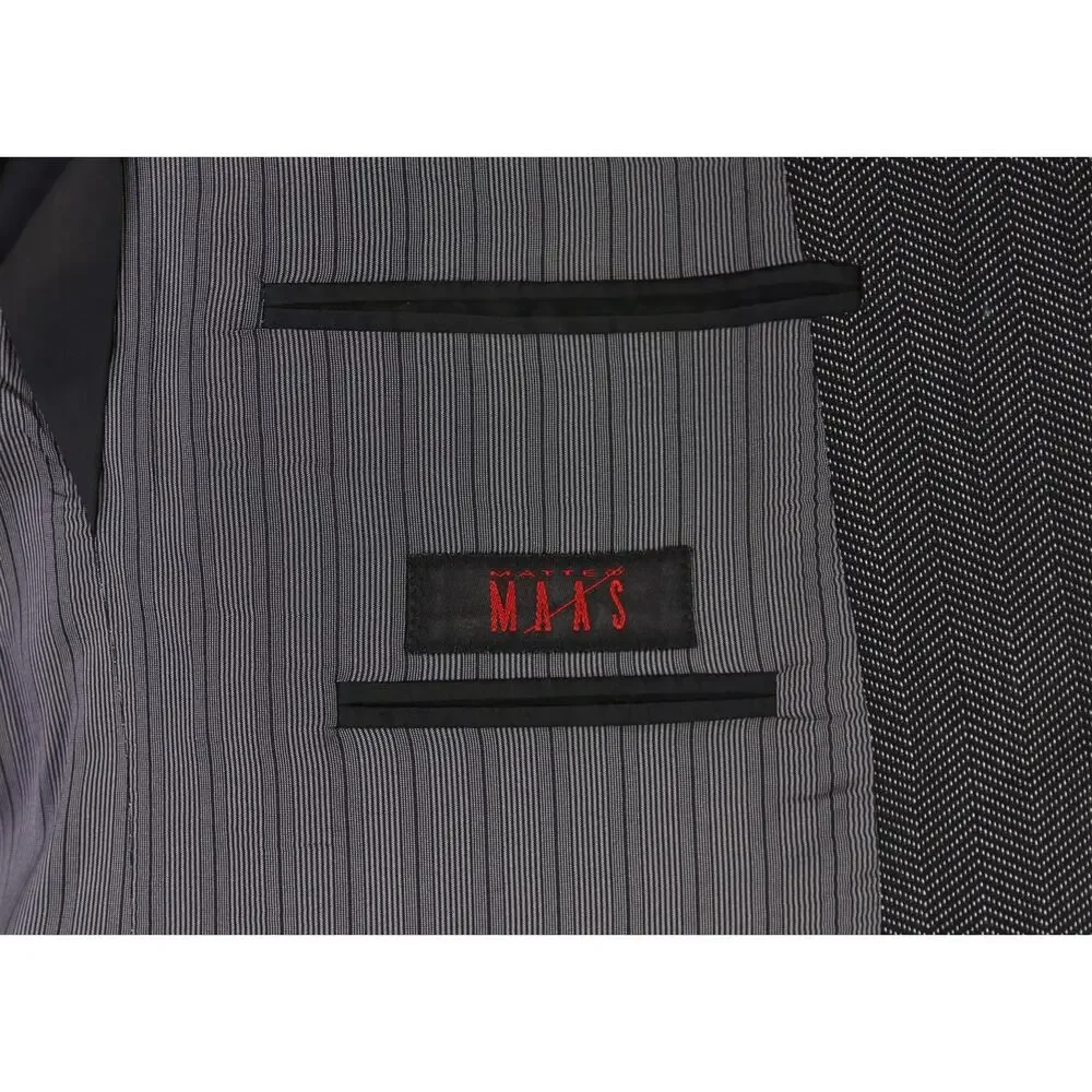 Matte Maas Black Herringbone Peak Lapel Wool 2-Btn Sportcoat Blazer 46L